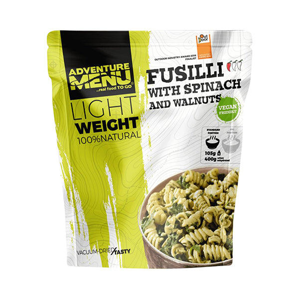 Lightweight Big Fusilli with spinach and walnuts