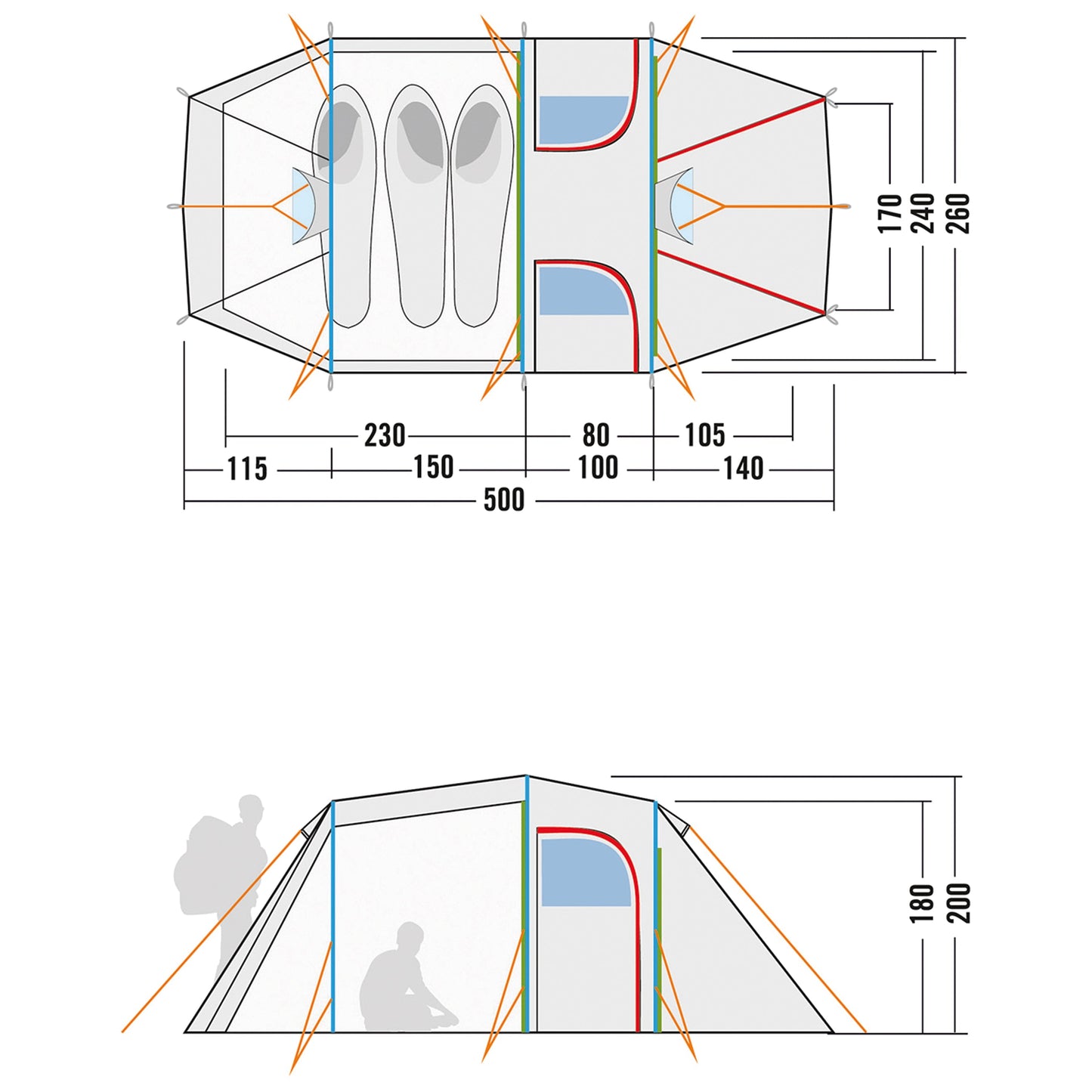 Tenda a tunnel per famiglie, luce da campeggio